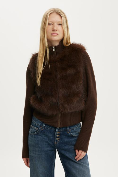 Faux fur knit jacket - chocolate brown