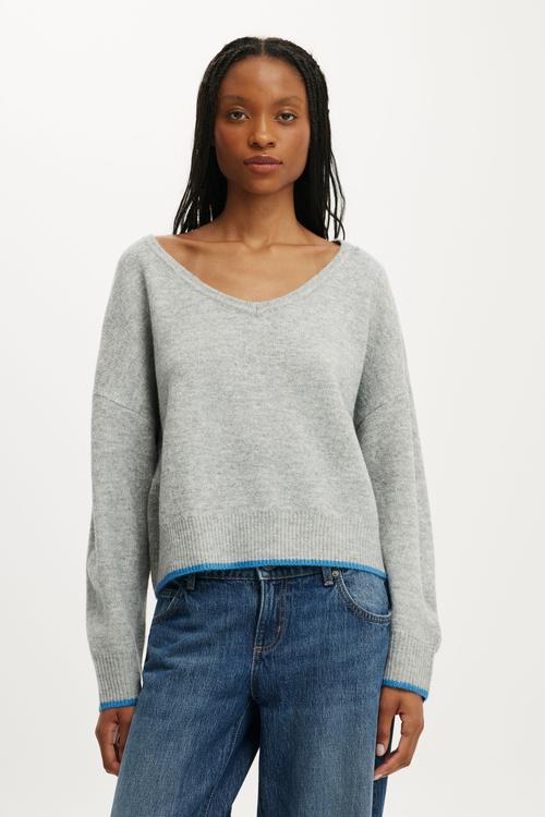 Luxe V Neck Knit - Grey Marle/Blue Tipping