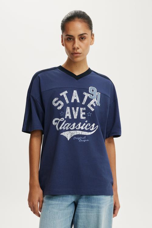V Neck Oversized Graphic Tee - Beckley Ave Classics/Moonlight Indigo