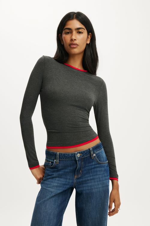 Double Layer Long Sleeve - Charcoal Marle/Red Petal