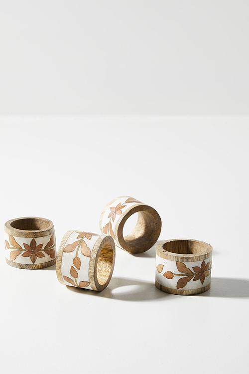Inlay Napkin Rings Wood & White set 4