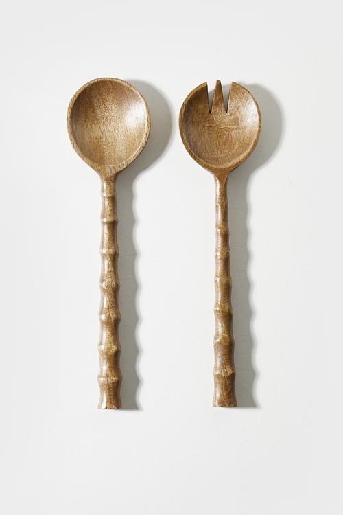 Wooden Ribbed  Salad Servers