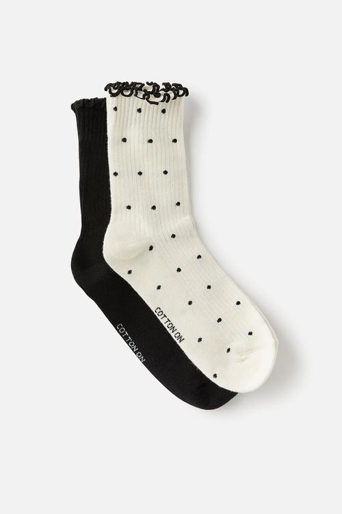 The perfect pair frill rib crew sock 2 pack - polka dot cream/black