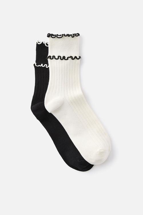 The perfect pair double frill rib crew sock 2 pack - pearl/black