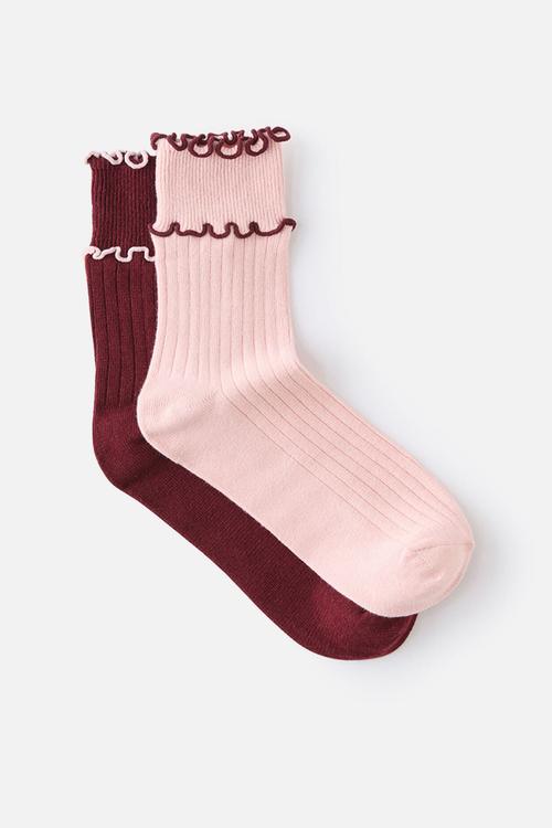 The perfect pair double frill rib crew sock 2pk - peony rose/deep pomegrante