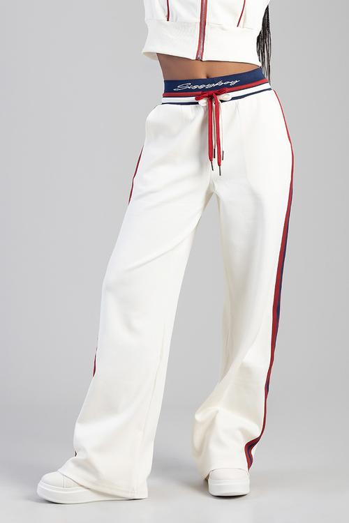 Off Your Game Wide Leg Track Pants With A Branded Elastic Waistband - Cream