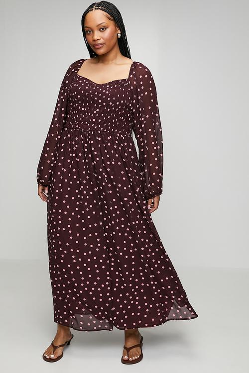 Plus Shirred Georgette Maxi -  Burgundy & Pink
