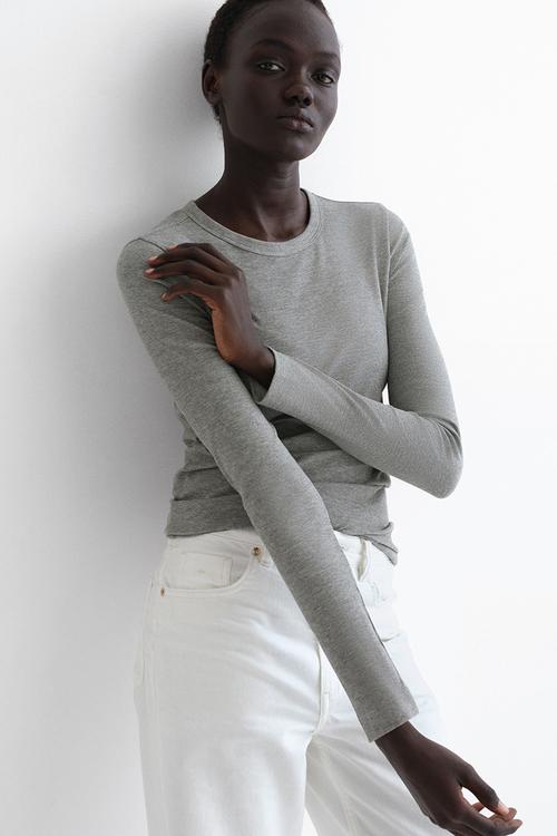 Ribbed cotton-blend top - grey marl