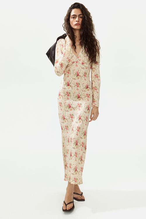 Long-sleeved viscose dress - light yellow/floral