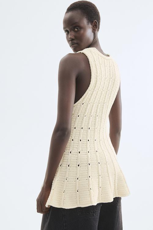 Pointelle-knit peplum top - cream