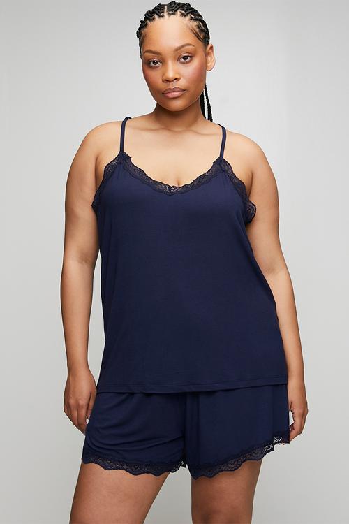 Plus Strap Knitted Lace Detail Pajamas Set - Navy Blue