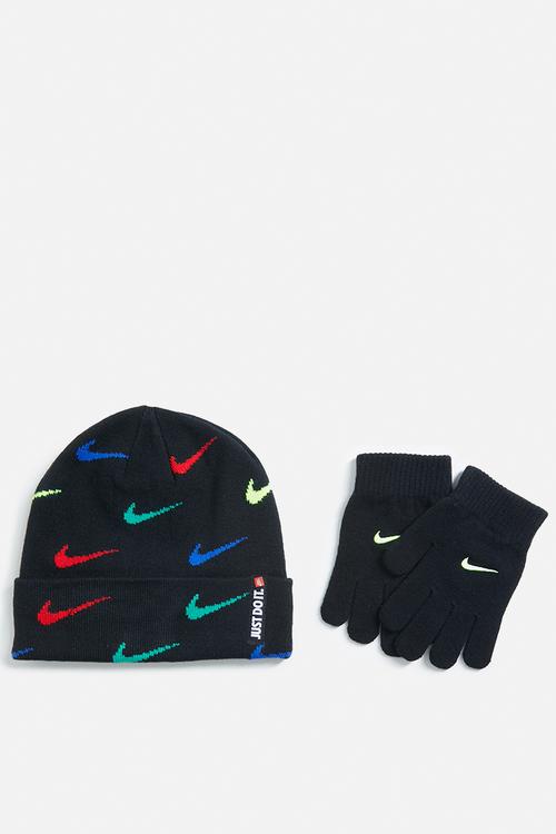 Nike swoosh repeat beanie set - black