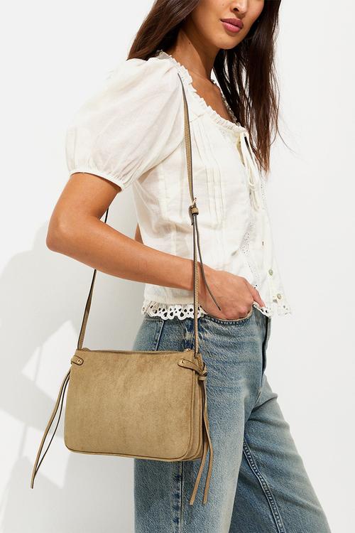 Faux Suede Triple Compartment Crossbody Bag - Mink