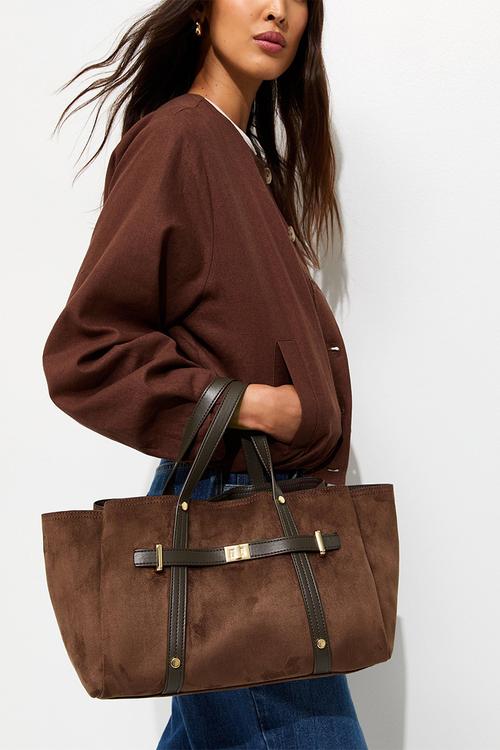 Faux Suede Triple Compartment Tote Bag - Dark Brown