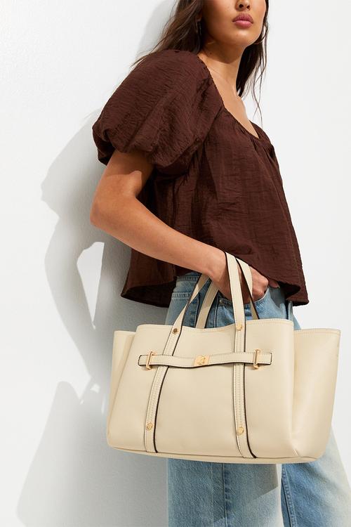 Faux Leather Triple Compartment Tote Bag - Cream