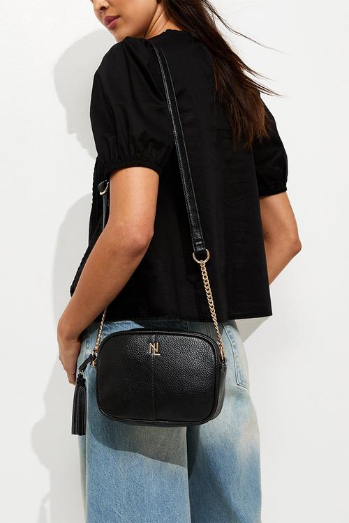Faux Leather Chain Detail Crossbody Bag - Black