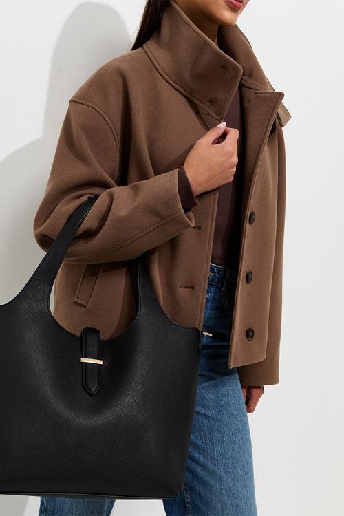 Faux Leather Slip Front Tote Bag - Black