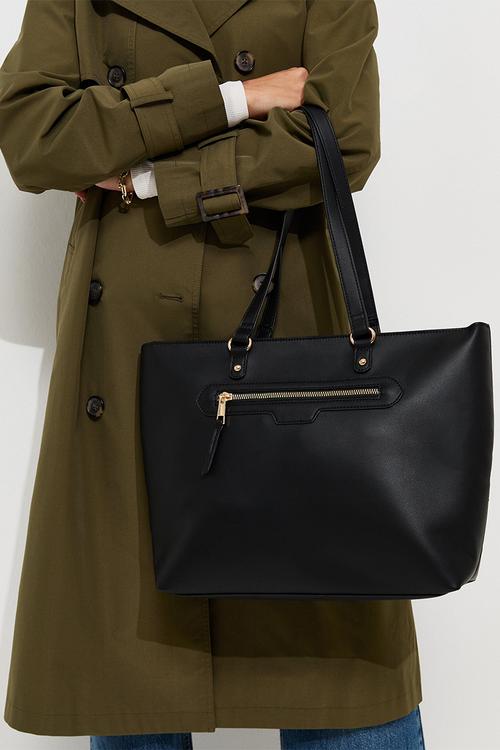 Faux Leather Front Zip Pocket Tote Bag - Black