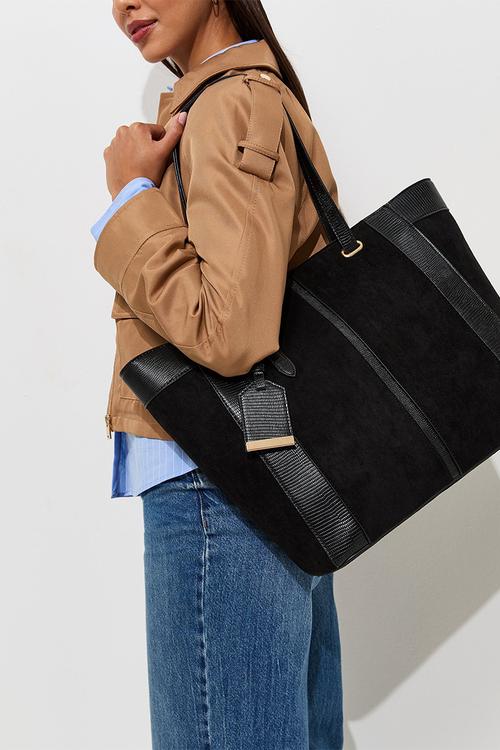 Faux Suede Textured Panel Tote Bag - Black