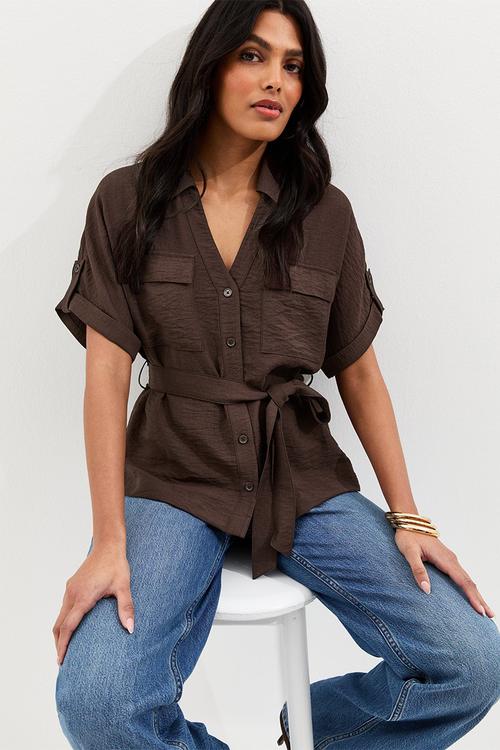K utility belted plain shirt - brown