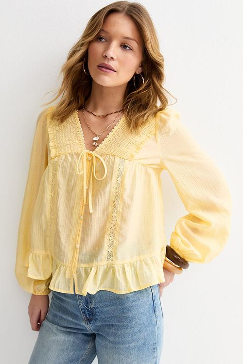 Lillian lace button long sleeve blouse - yellow