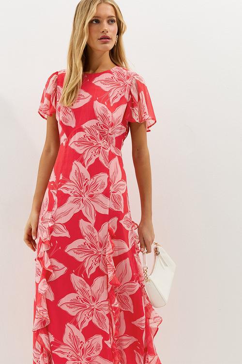 Orchid godet chiffon midi dress - red & pink