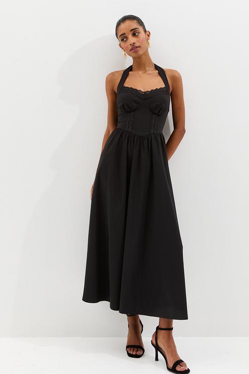 Plain embroidery halter midi dress - black