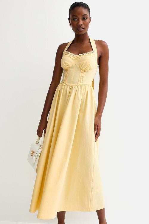 Plain embroidery halter midi dress - pale yellow