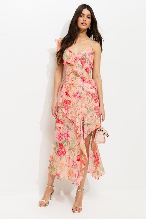 Selina floral godet chiffon midi dress - pink