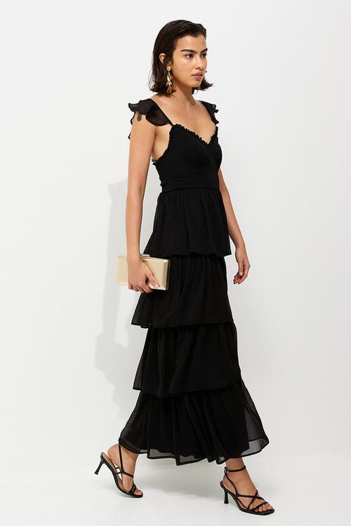Tiered chiffon cami midi dress - black