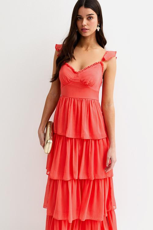 Tiered chiffon cami midi dress - dark coral