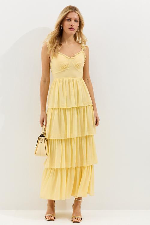 Tiered chiffon cami midi dress - pale yellow