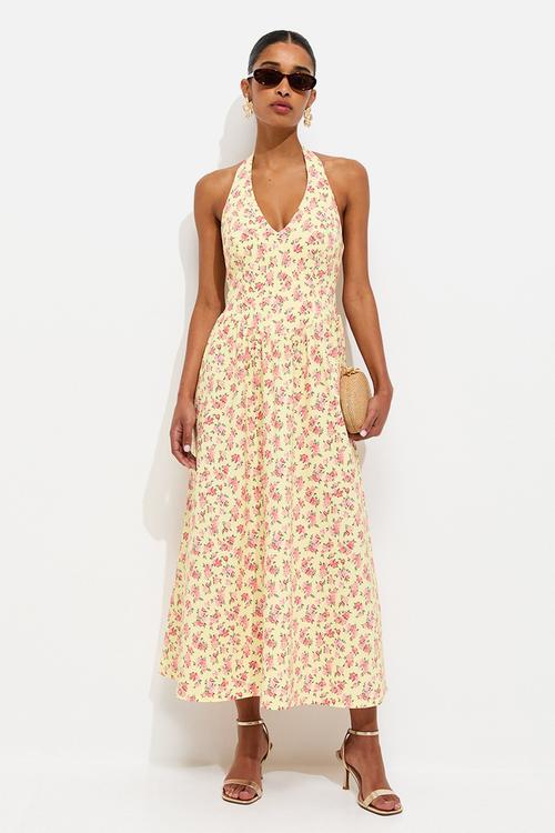 Ex ditsy floral halter midi dress - yellow
