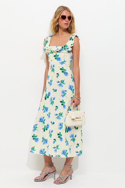 Jasmine floral scoop ruffle midi dress - blue