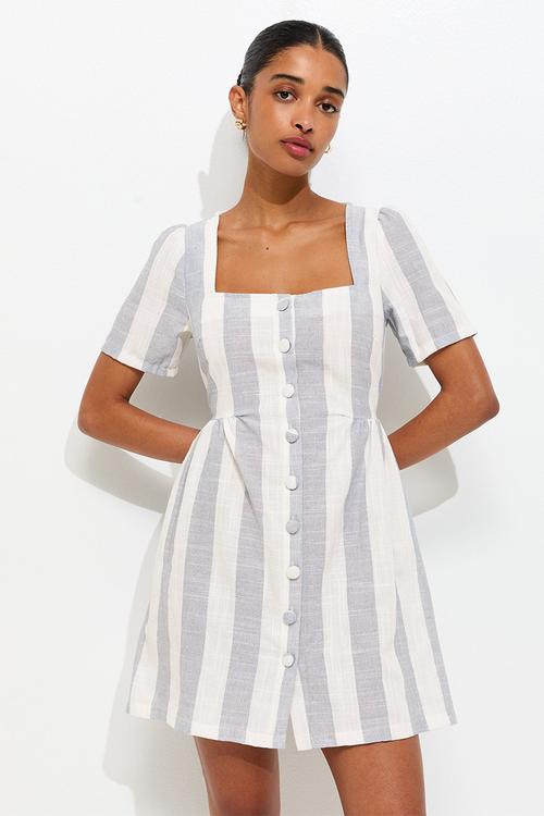 Sailor stripe button up mini dress - cream & blue