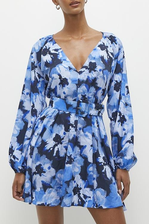 Soft waisted fit and flare mini dress - blue floral