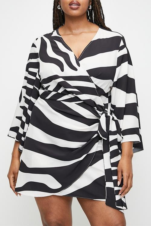 Plus exaggerated sleeve mini wrap dress - graded zebra