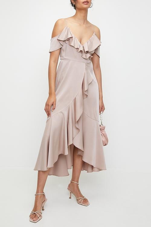Cold shoulder flutter wrap dress - bark