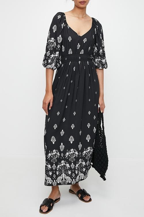 Balloon sleeve empire midi dress - black dandelion double border