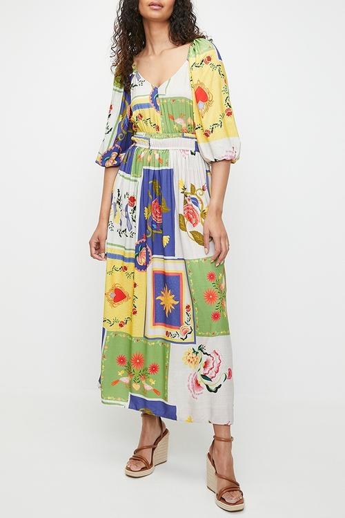 Balloon sleeve empire midi dress - mystical roses patchwork aop