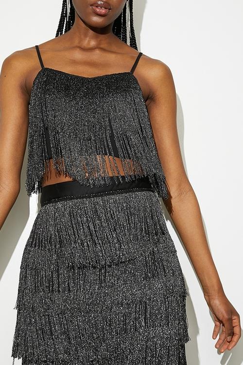 Fringe crop shell - silver & black