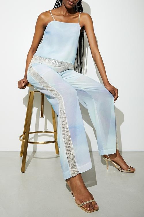 Co-ord sequin side stripe wide leg - oceanic soft focus
