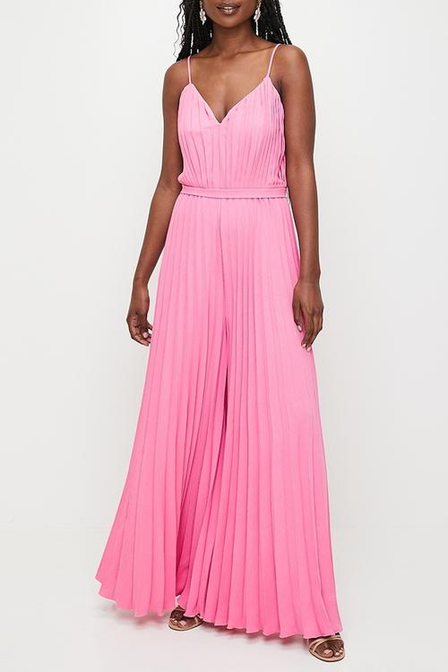 Pleated v-neck strappy jumpsuit - pink cosmos