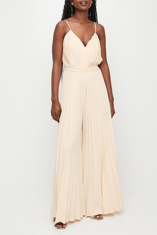 Pleated v-neck strappy jumpsuit - vanilla cream