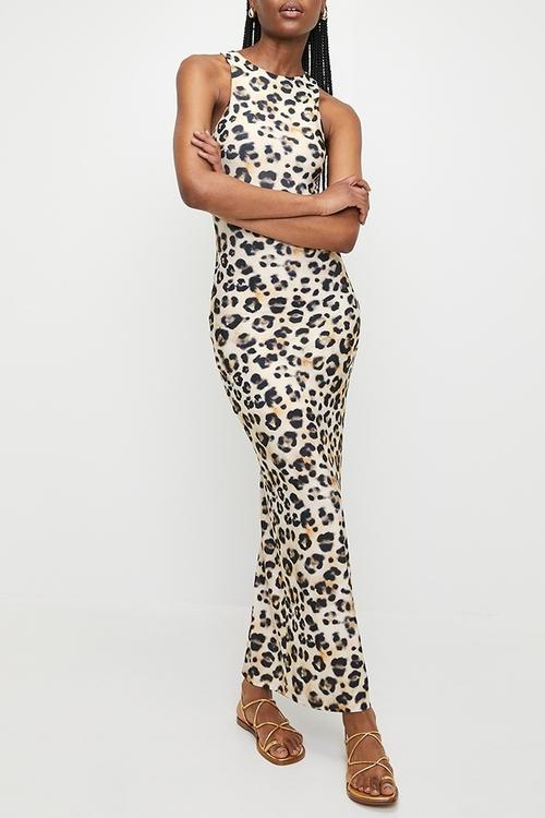 Racer Neck knit column maxi dress - Neutral Watery Leopard