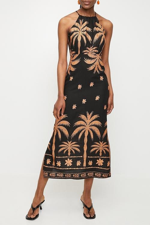 Linen look halter slip dress -  stualised palm dbl border