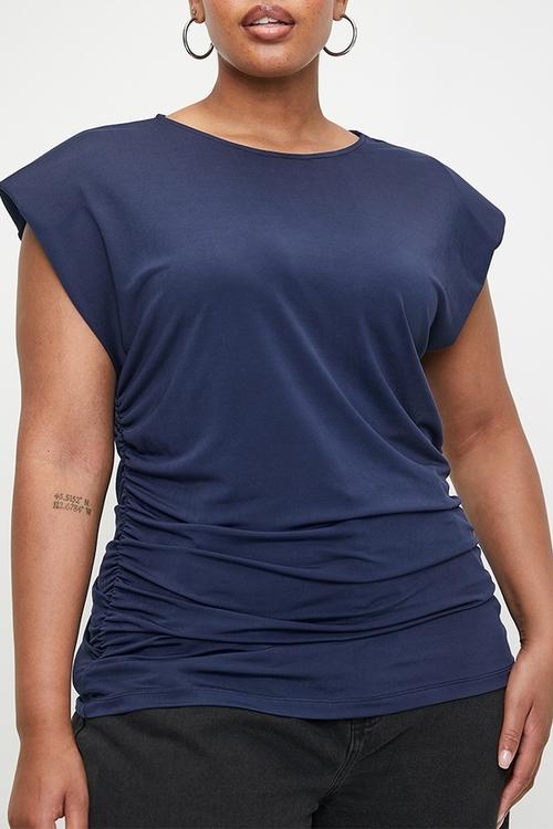 Power shoulder ruched detail tee - navy