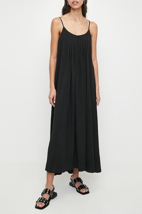 Tuck Detail Strappy Midi Dress - Black