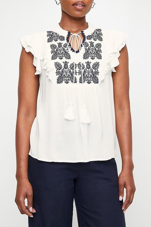 Notch neck ruffle top with embroidery detail - white/navy