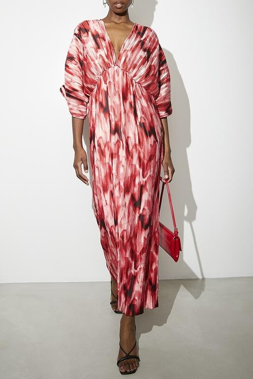 Dolman sleeve pleated maxi dress - Red Diffusion Watercolour